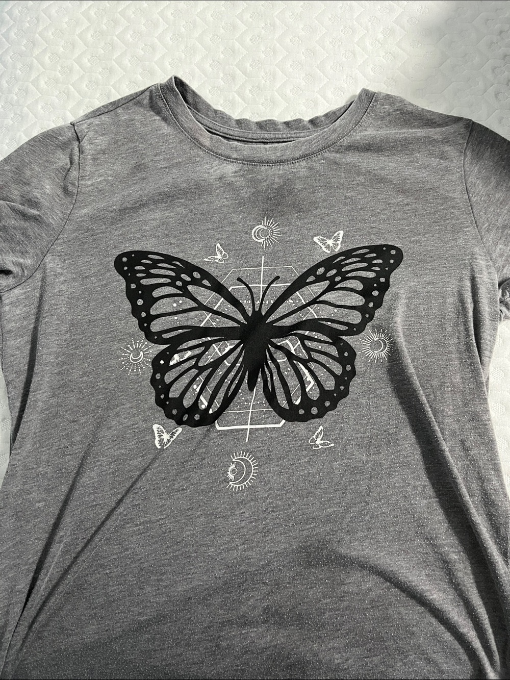 refuge Gray Tee with Black Butterfly Graphic
